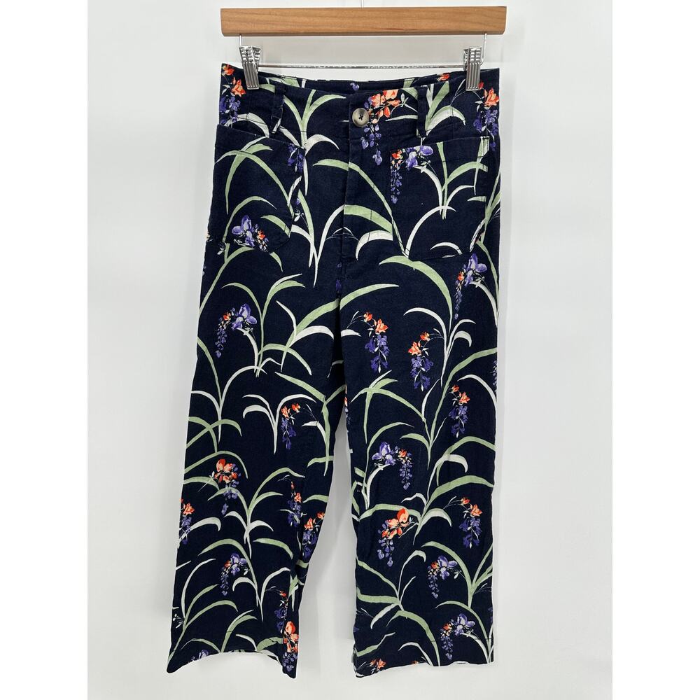 Anthropologie Maeve The Colette Dark Blue Floral Wide Leg Linen Pants Size 27